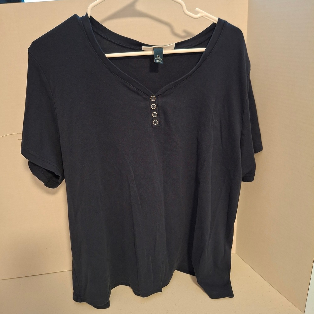 Karen Scott Woman Navy Blue V-Neck Short Sleeve Henley T-Shirt Plus Sz 3X Cotton